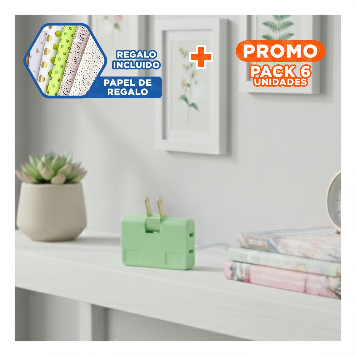PACK6 MULTIPLICADOR TRIPLE DE ENCHUFE VERDE COMPACTO 6,6X4,3CM PARA HOGAR Y+PAPEL REGALO - 1
