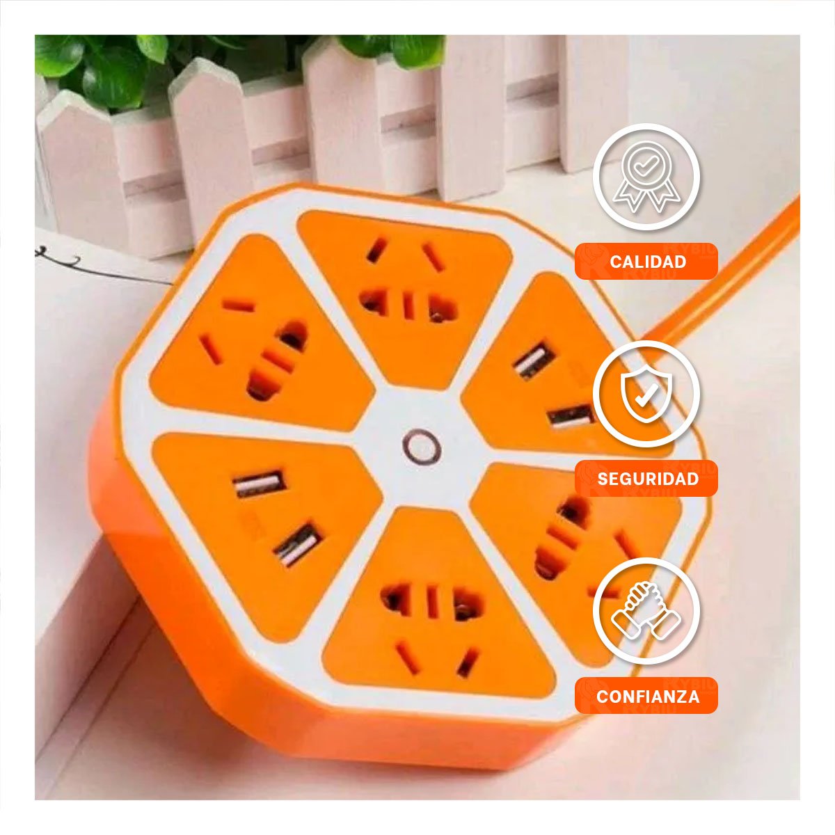 ADAPTADOR HEXAGONAL 4 TOMAS 4 USB NARANJA PARA USO EN OFICINA Y+PAPEL REGALO - 3