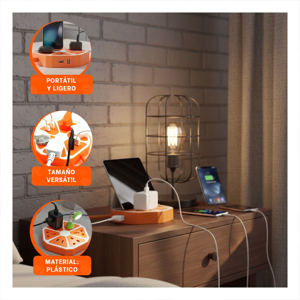 ADAPTADOR HEXAGONAL 4 TOMAS 4 USB NARANJA PARA USO EN OFICINA Y+PAPEL REGALO - 5