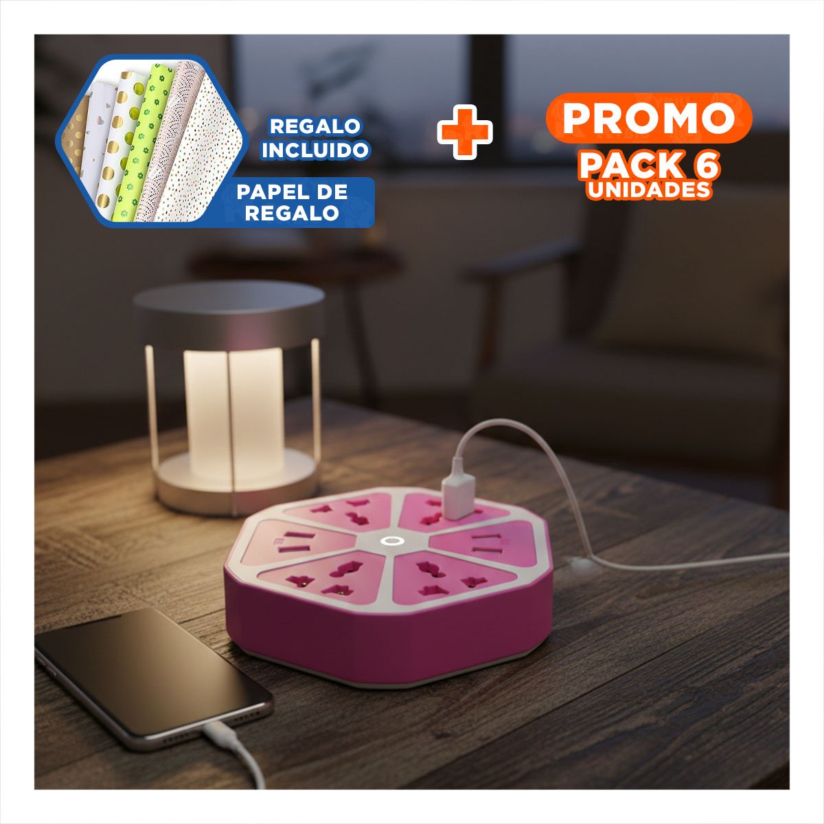 PACK6 CONECTOR HEXAGONAL 4 TOMAS 4 USB MORADO PARA CONECTAR DISPOSITIVOS EN CASA Y+PAPEL REGALO - 1