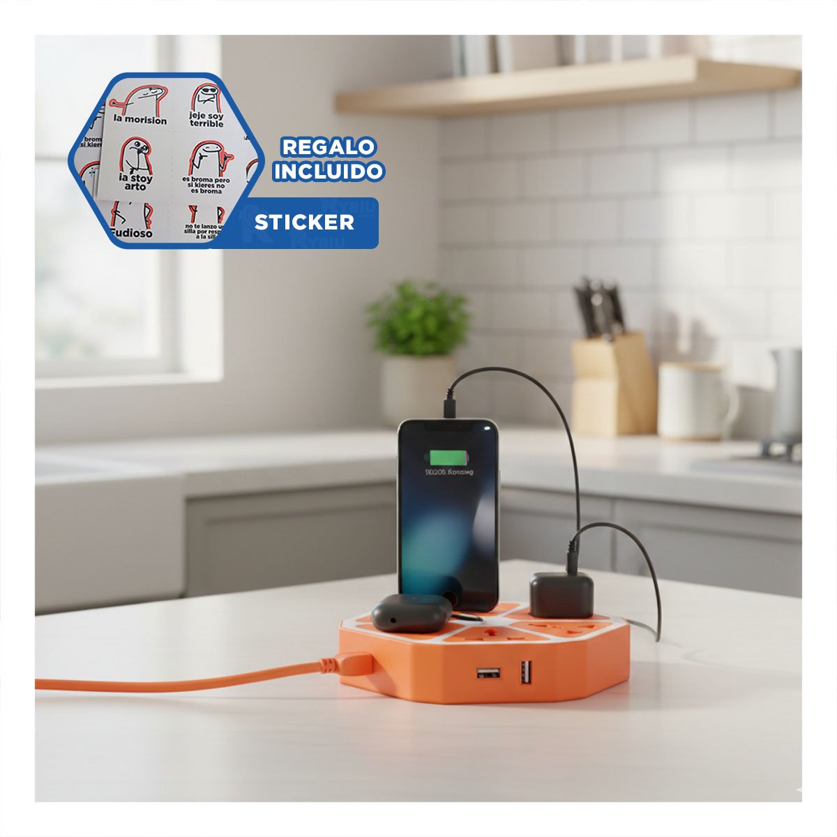 CONECTOR HEXAGONAL 4 ENCHUFES 4 USB NARANJA PARA CARGA DE DISPOSITIVOS Y+REGALO STICKER - 1