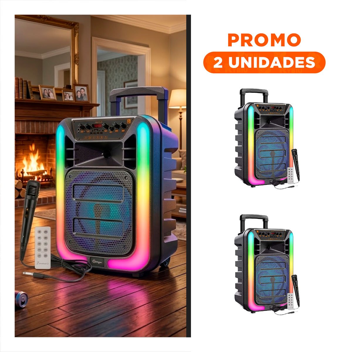 PACK2 COLUMNA PARA PARLANTE 12 PULGADAS NEGRO CON MICROFONO PARA EVENTOS LUCES LATERALES - 1