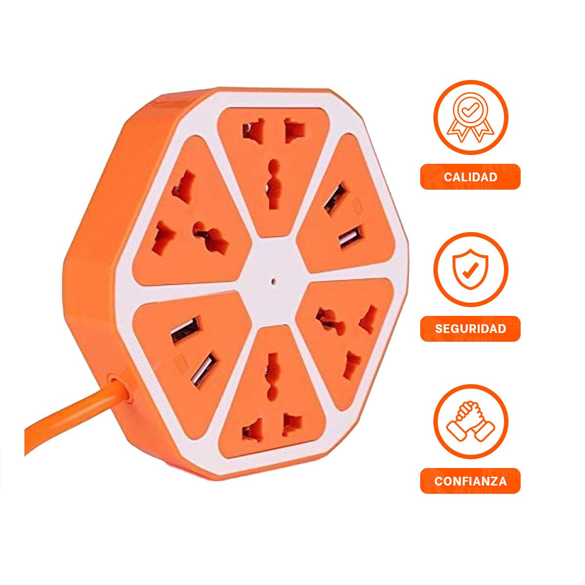 EXTENSION HEXAGONAL 4 PUERTOS 4 USB NARANJA PARA ESTACION DE CARGA EN CASA Y+LIGAS REGALO - 3
