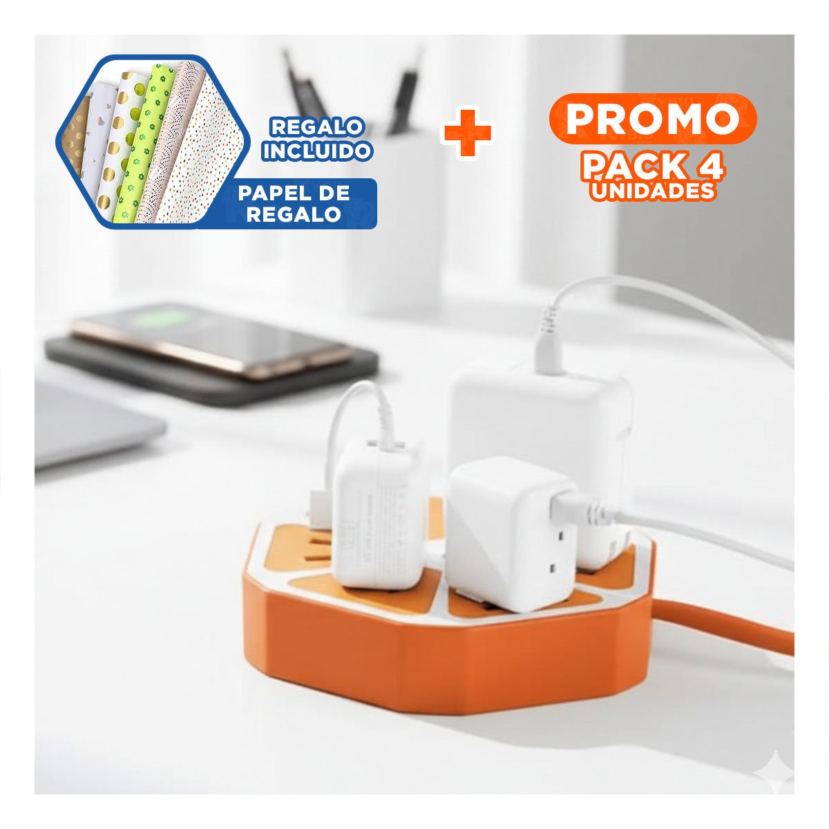 PACK4 REGLETA HEXAGONAL 4 PUERTOS 4 USB NARANJA PARA CONECTAR EQUIPOS EN OFICINA Y+PAPEL REGALO - 1