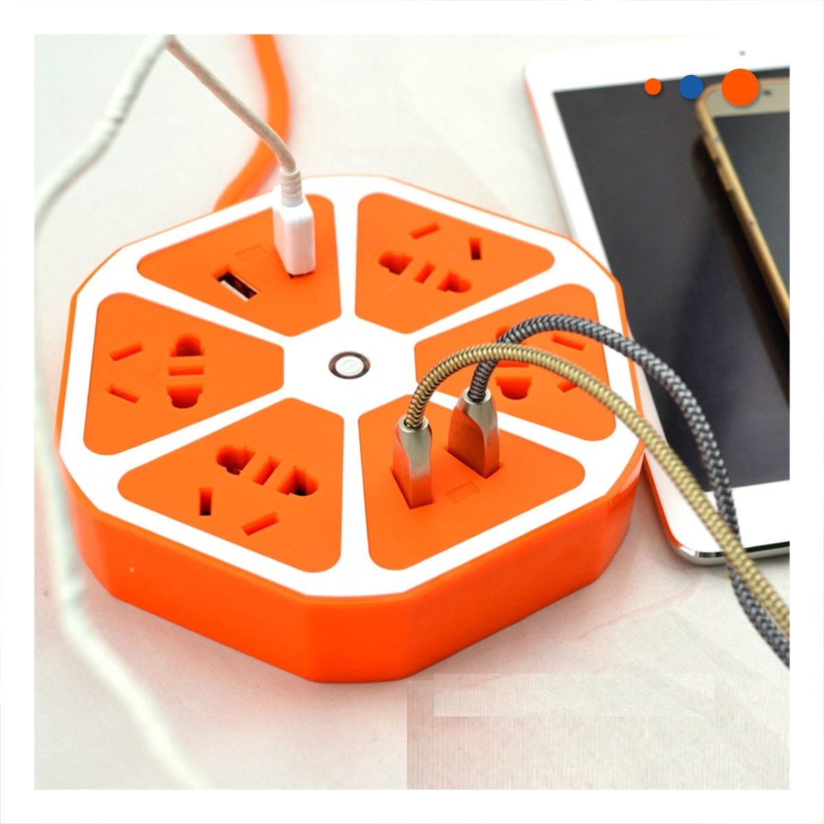 PACK4 REGLETA HEXAGONAL 4 PUERTOS 4 USB NARANJA PARA CONECTAR EQUIPOS EN OFICINA Y+PAPEL REGALO - 2