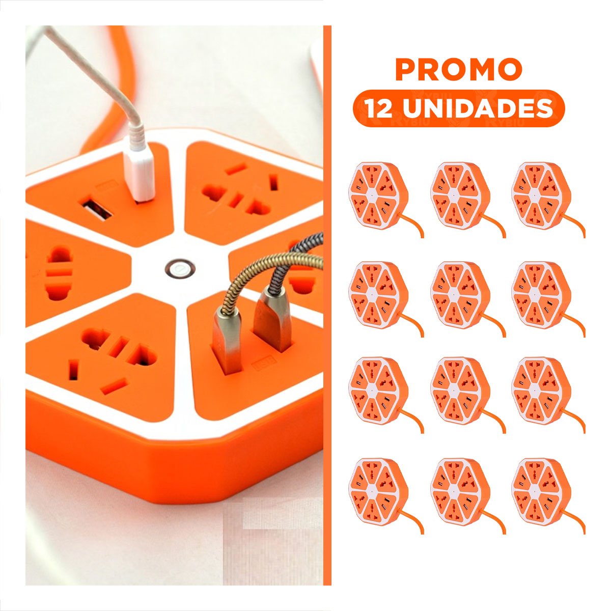 PACK12 ADAPTADOR HEXAGONAL 4 TOMAS 4 USB NARANJA PARA GESTIONAR ENERGIA Y+REGALO STICKER - 1