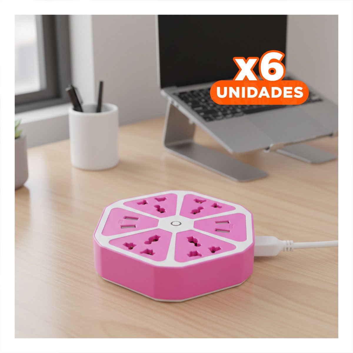 PACK6 EXTENSION HEXAGONAL 4 ENCHUFES 4 USB MORADO PARA CARGA EN ESCRITORIO Y+REGALO STICKER - 1