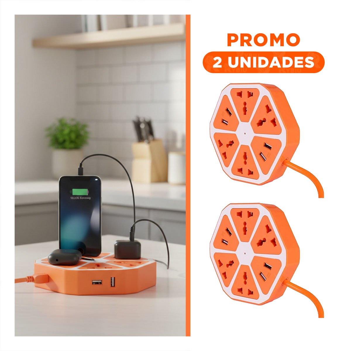 PACK2 MULTITOMA HEXAGONAL 4 TOMAS 4 USB NARANJA PARA CONECTAR EQUIPOS DE ESCRITORIO - 1