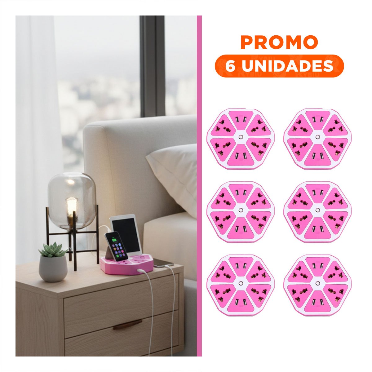 PACK6 ADAPTADOR HEXAGONAL 4 SALIDAS 4 USB MORADO PARA CENTRO DE CARGA EN ESCRITORIO - 1