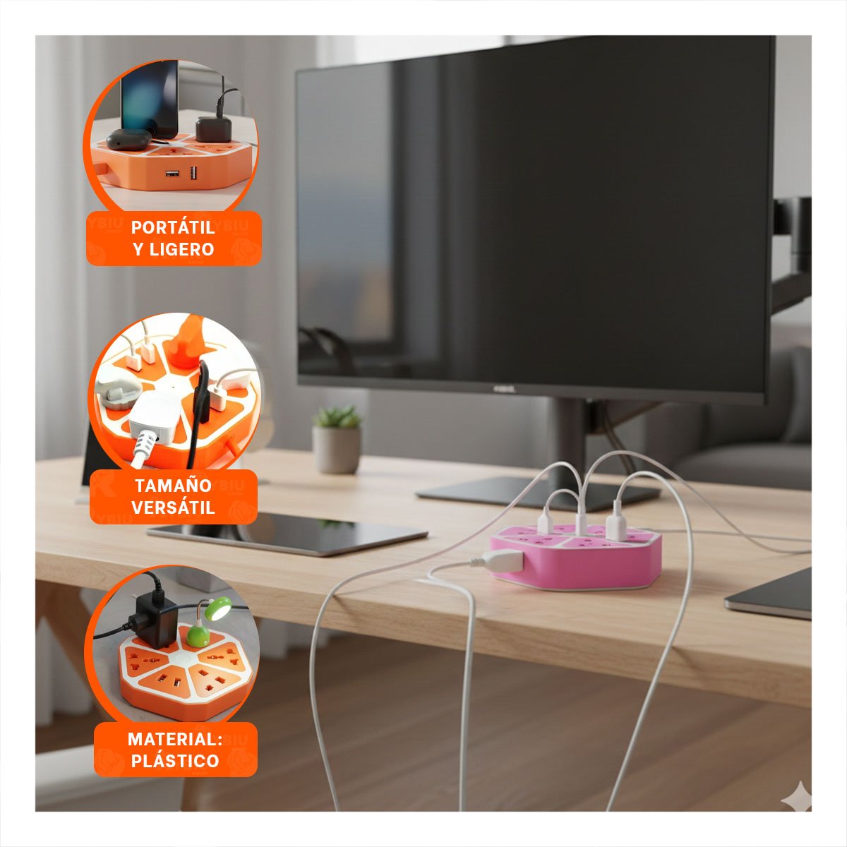 PACK6 ADAPTADOR HEXAGONAL 4 SALIDAS 4 USB MORADO PARA CENTRO DE CARGA EN ESCRITORIO - 5