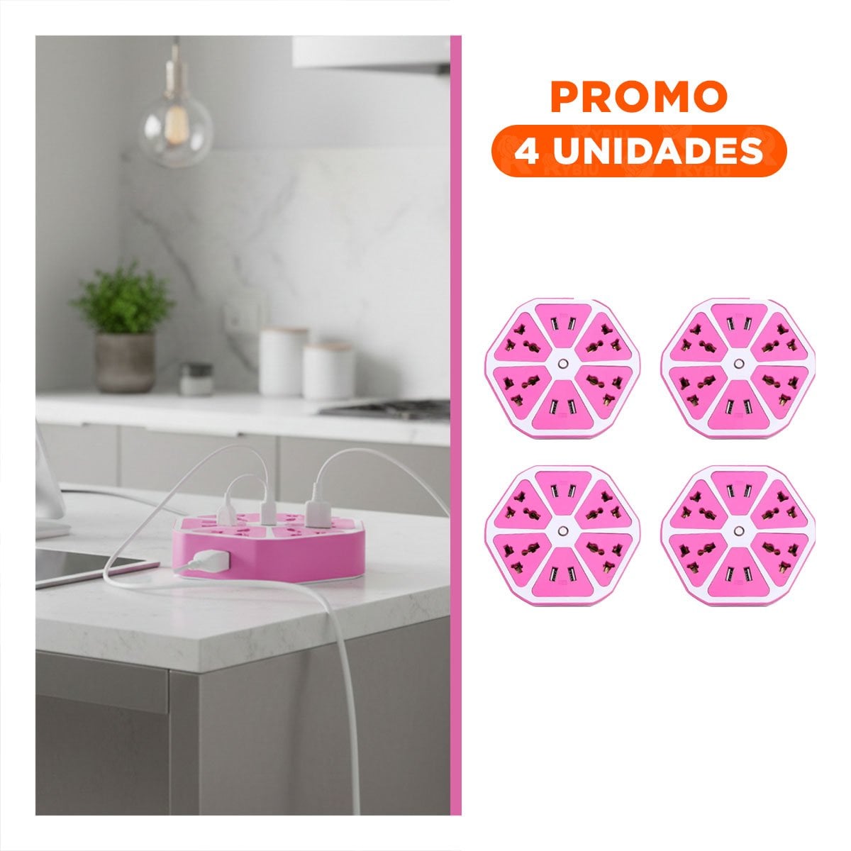 PACK4 MULTITOMA HEXAGONAL 4 ENCHUFES 4 USB MORADO PARA ENERGIA DE EQUIPOS Y+REGALO STICKER - 1