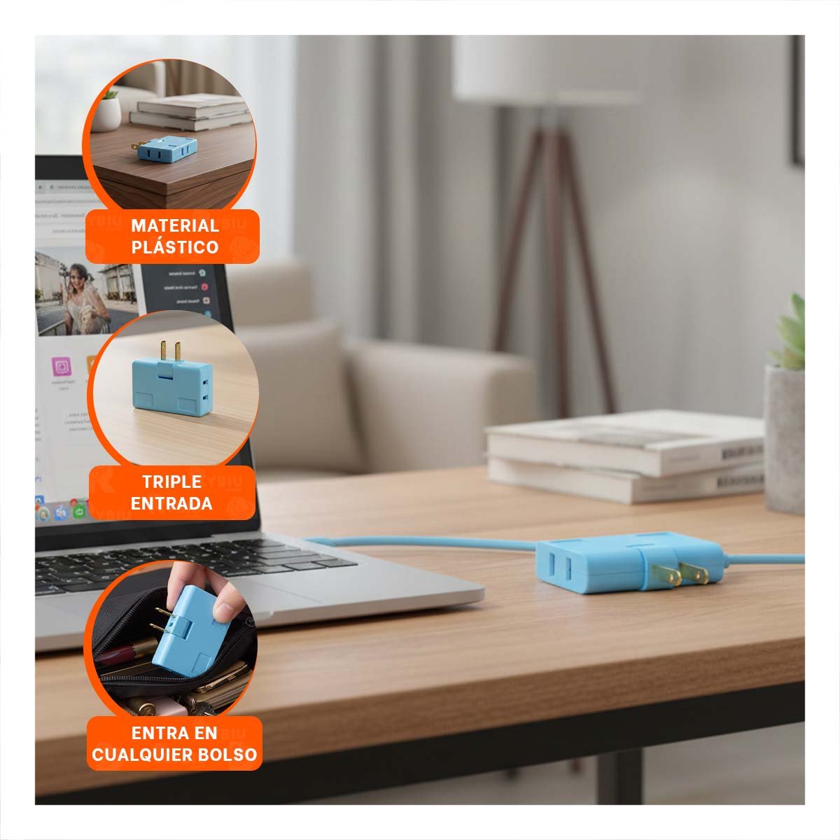 PACK4 ADAPTADOR TRIPLE DE ENCHUFE CELESTE PRACTICO 6,6X4,3CM PARA HOGAR - 5