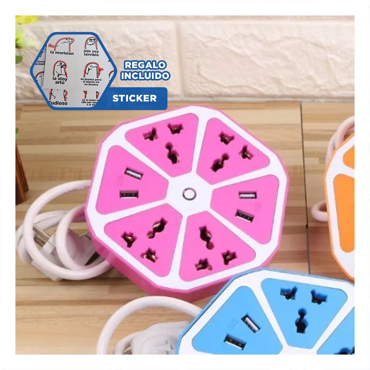 CONECTOR HEXAGONAL 4 ENCHUFES 4 USB MORADO PARA CARGA DE DISPOSITIVOS Y+REGALO STICKER - 1