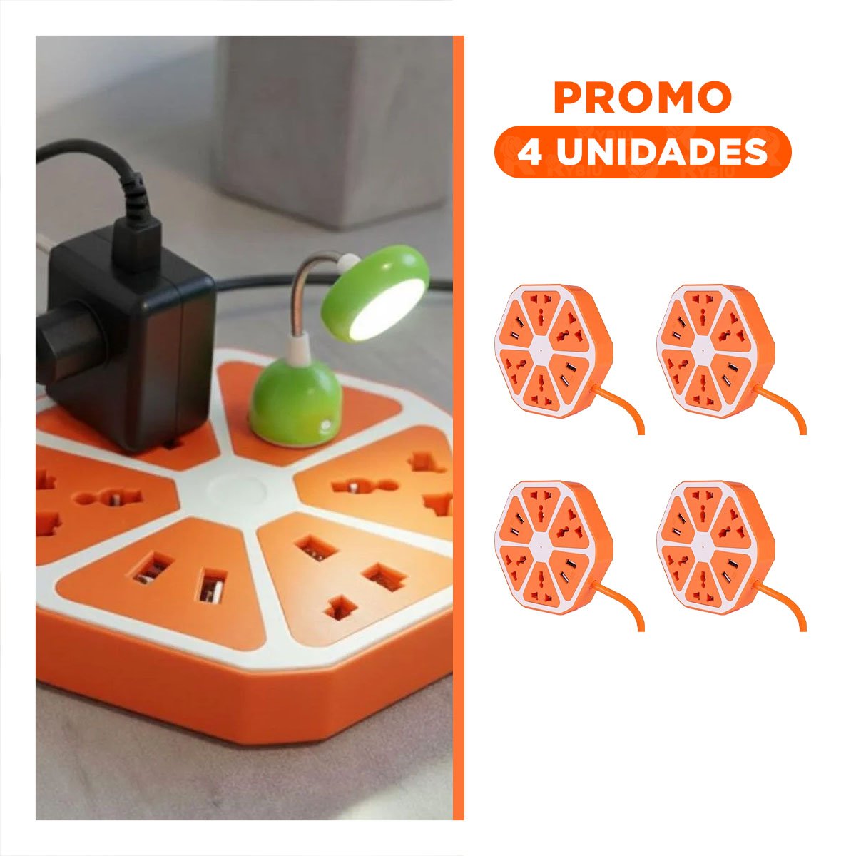 PACK4 MULTITOMA HEXAGONAL 4 ENCHUFES 4 USB NARANJA PARA ENERGIA DE EQUIPOS Y+REGALO STICKER - 1