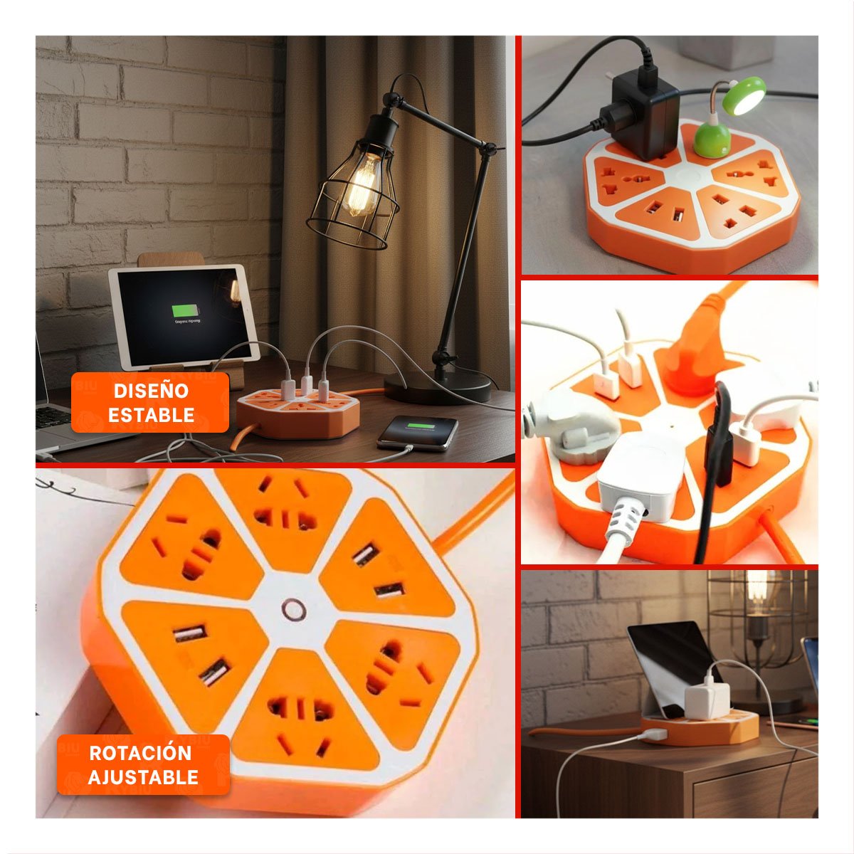PACK4 MULTITOMA HEXAGONAL 4 ENCHUFES 4 USB NARANJA PARA ENERGIA DE EQUIPOS Y+REGALO STICKER - 2