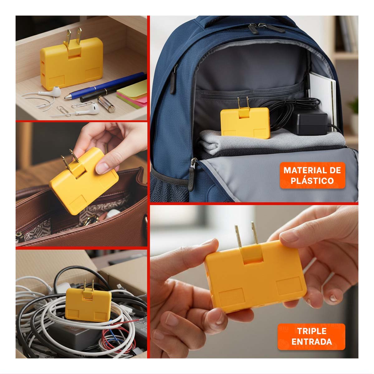 ADAPTADOR TRIPLE DE ENCHUFE NARANJA PORTATIL 6,6X4,3CM PARA OFICINA Y+LIGAS REGALO - 5