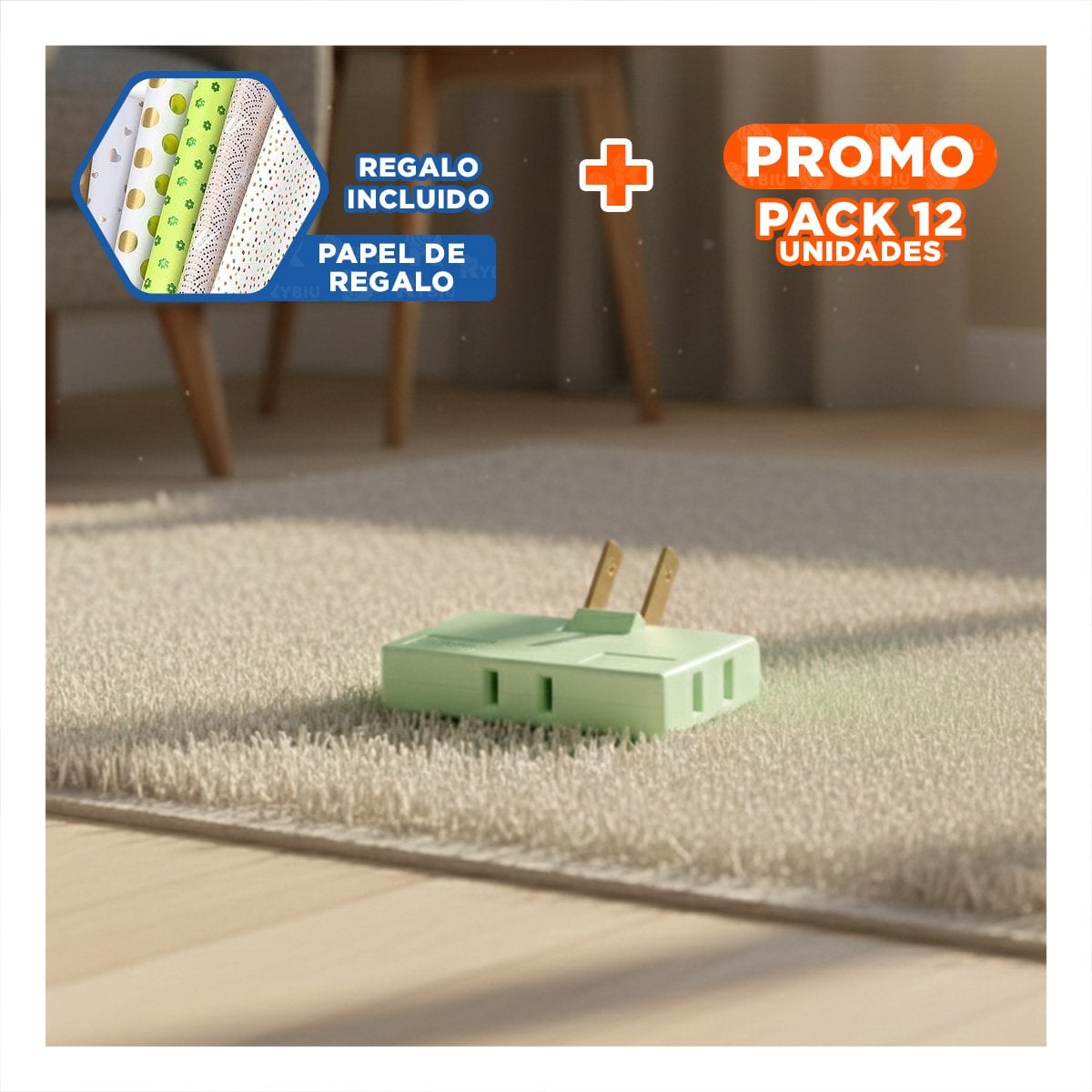 PACK12 ADAPTADOR TRIPLE DE ENCHUFE VERDE PORTATIL 6,6X4,3CM PARA USO DIARIO Y+PAPEL REGALO - 1