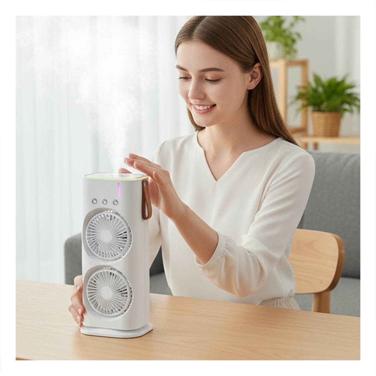 VENTILADOR PARA AMBIENTE VERTICAL CON 2 VENTILADORES HUMIFICADOR BLANCO Y+PAPEL REGALO - 5