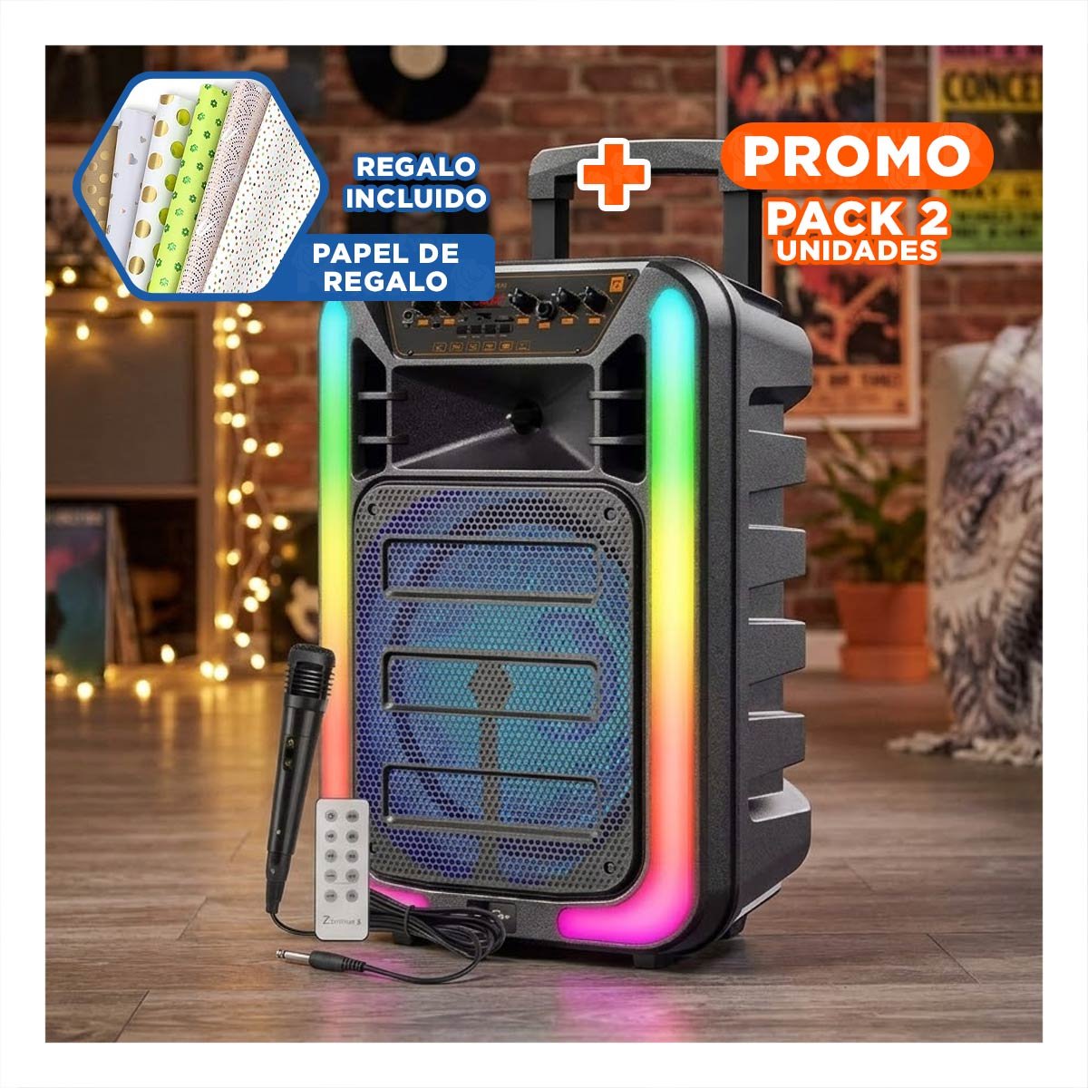 PACK2 COLUMNA PORTATIL CON PARLANTE 12 PULGADAS NEGRO LUCES LATERALES Y+PAPEL REGALO - 1