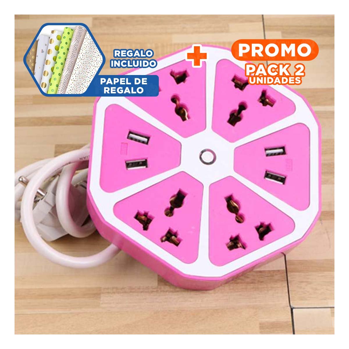 PACK2 ADAPTADOR HEXAGONAL 4 ENCHUFES 4 USB MORADO PARA CARGAR MOVIL Y ACCESORIOS Y+PAPEL REGALO - 1