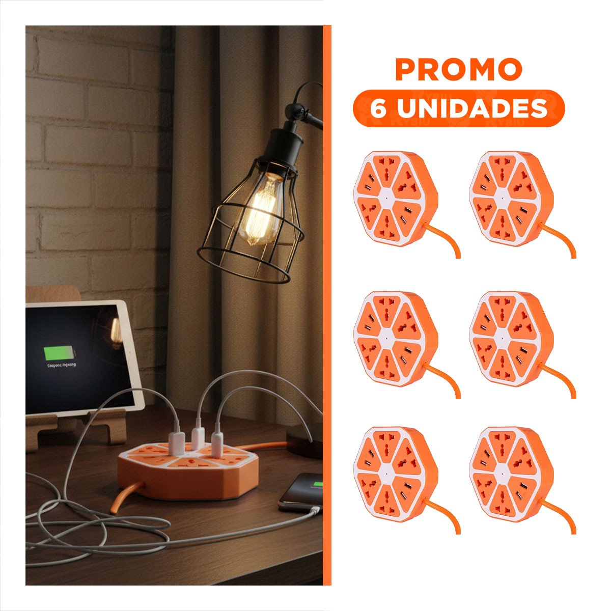 PACK6 ADAPTADOR HEXAGONAL 4 SALIDAS 4 USB NARANJA PARA CENTRO DE CARGA EN ESCRITORIO - 1