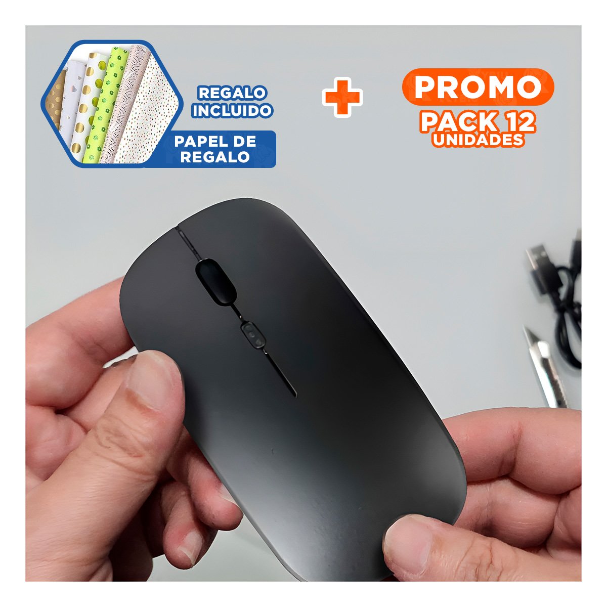 PACK12 PUNTERO NEGRO INALAMBRICO CON TECNOLOGIA AVANZADA Y SENSOR POTENTE Y+PAPEL REGALO - 1