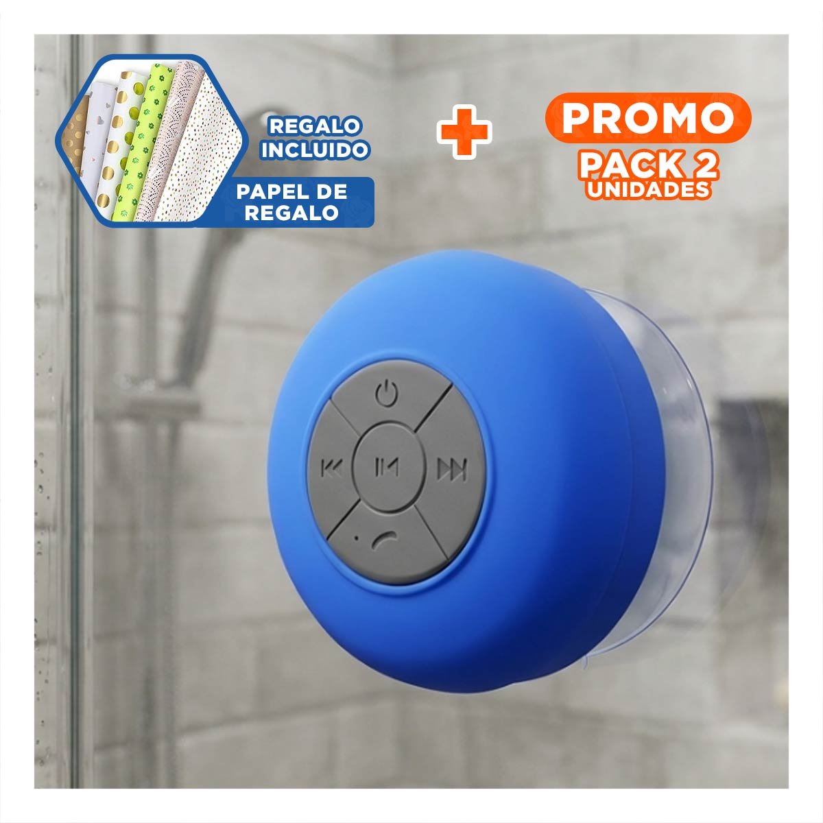 PACK2 PARLANTE AZUL IMPERMEABLE CON CONEXION BLUETOOTH PARA MUSICA EN EL BANO Y+PAPEL REGALO - 1