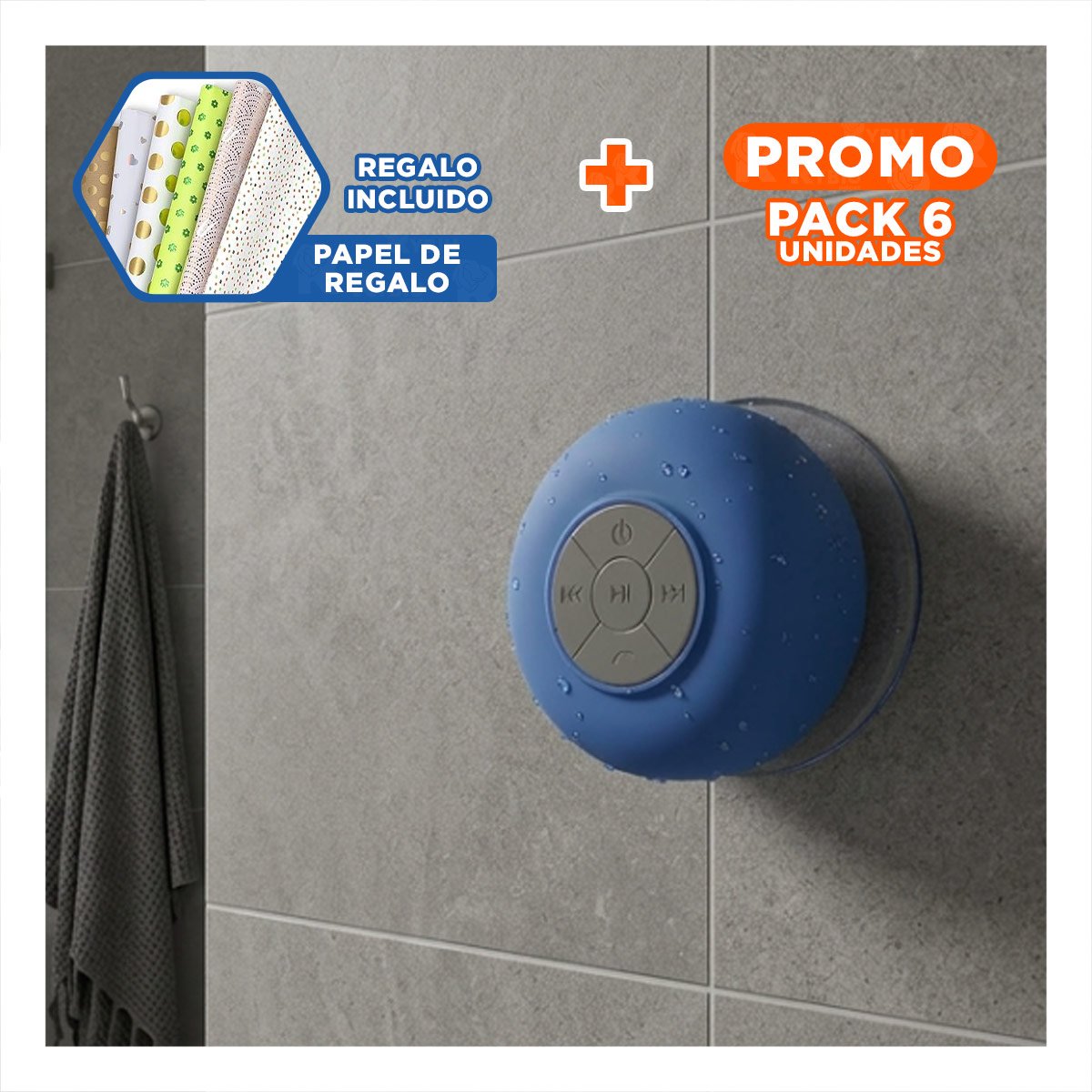 PACK6 PARLANTE AZUL PARA USO EN BANO CON SONIDO BLUETOOTH Y DISENO COMPACTO Y+PAPEL REGALO - 1