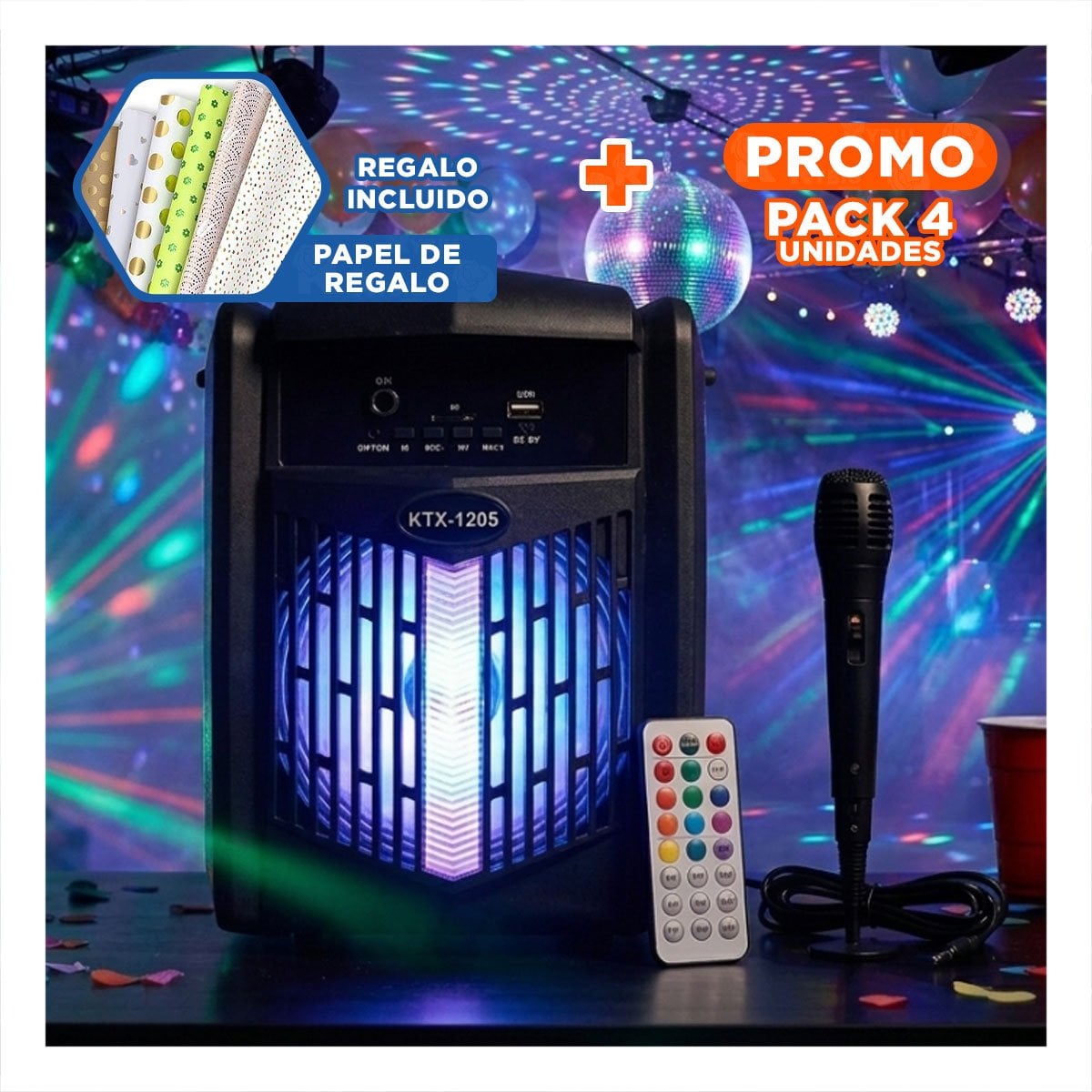 PACK4 PARLANTE PORTATIL CON MICROFONO NEGRO PARA FIESTA FAMILIAR CON AUDIO Y+PAPEL REGALO - 1