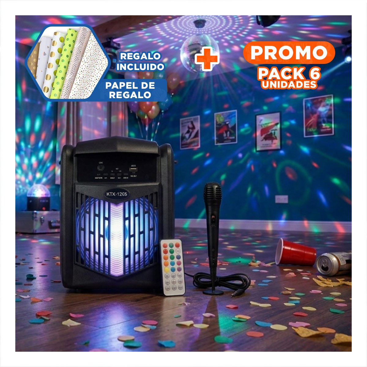 PACK6 EQUIPO MUSICAL CON MICROFONO NEGRO PARA KARAOKE Y MUSICA EN CASA Y+PAPEL REGALO - 1