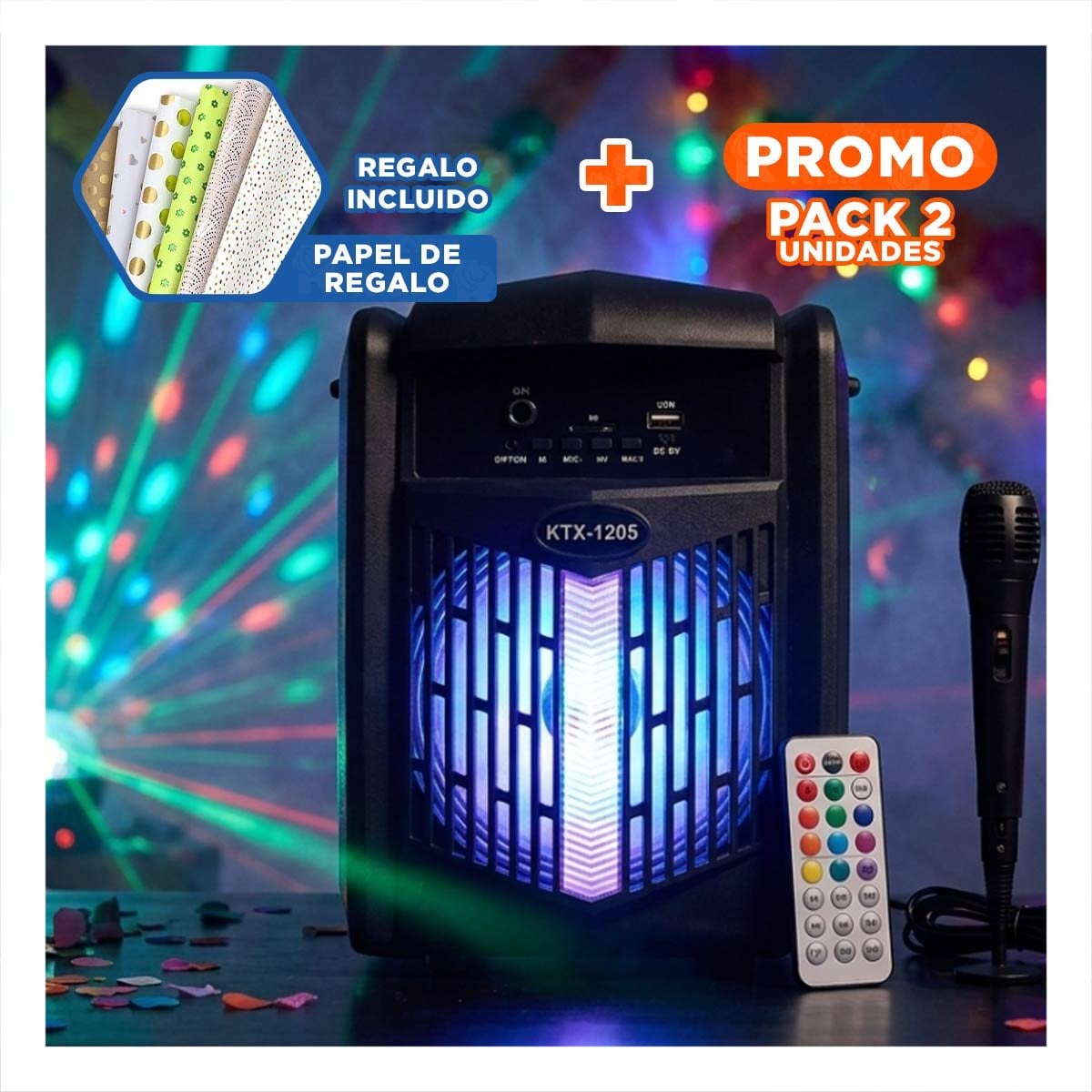 PACK2 BOCINA CON MICROFONO NEGRO PARA CANTAR KARAOKE EN CASA CON SONIDO NITIDO Y+PAPEL REGALO - 1