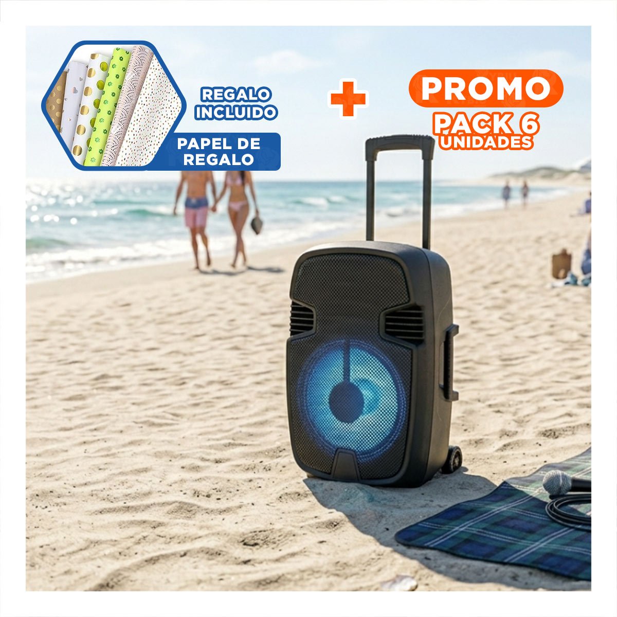 PACK6 PARLANTE NEGRO CON MICROFONO CON AUDIO FIRME PARA EVENTOS SOCIALES Y+PAPEL REGALO - 1