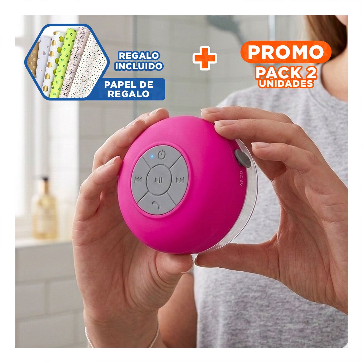 PACK2 ALTAVOZ ROSADO CON FUNCION INALAMBRICA PARA AMBIENTE MUSICAL EN DUCHA Y+PAPEL REGALO - 1