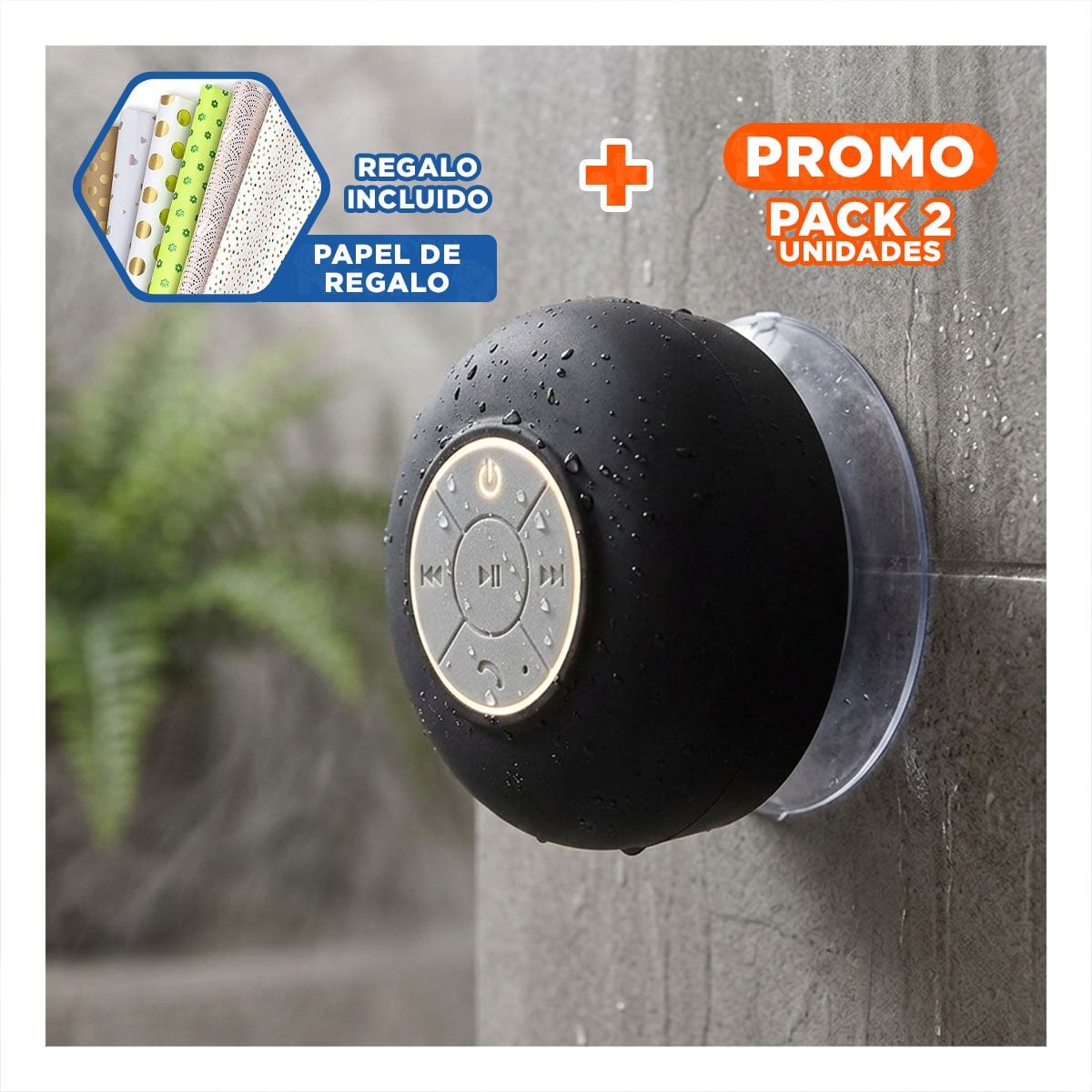 PACK2 ALTAVOZ NEGRO CON CONEXION BLUETOOTH PARA ESCUCHAR CANCIONES BAJO LA DUCHA Y+PAPEL REGALO - 1