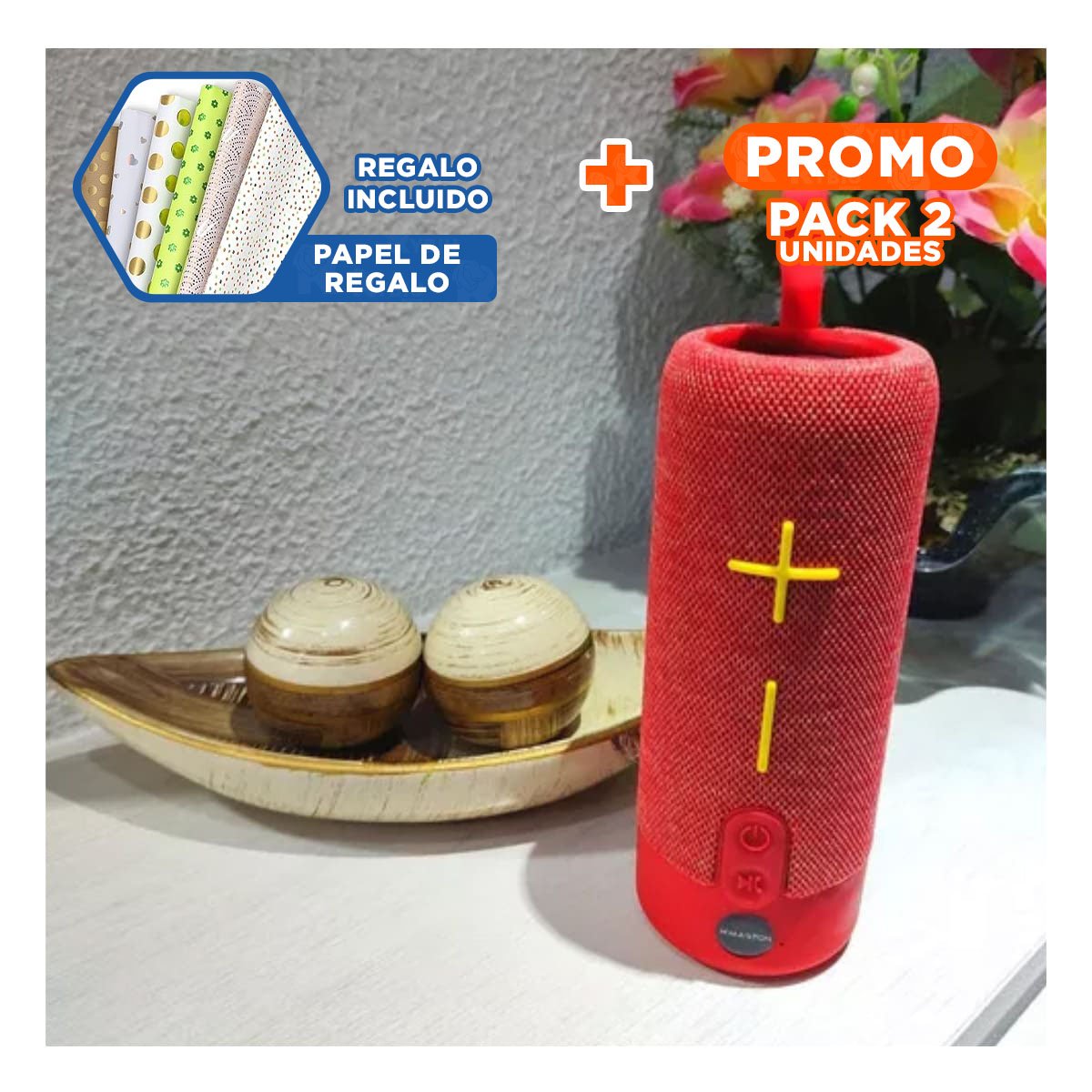 PACK2 ALTAVOZ MODERNO ROJO TECNOLOGIA FUNCIONAL PARA MUSICA, JUEGOS Y PELICULAS Y+PAPEL REGALO - 1
