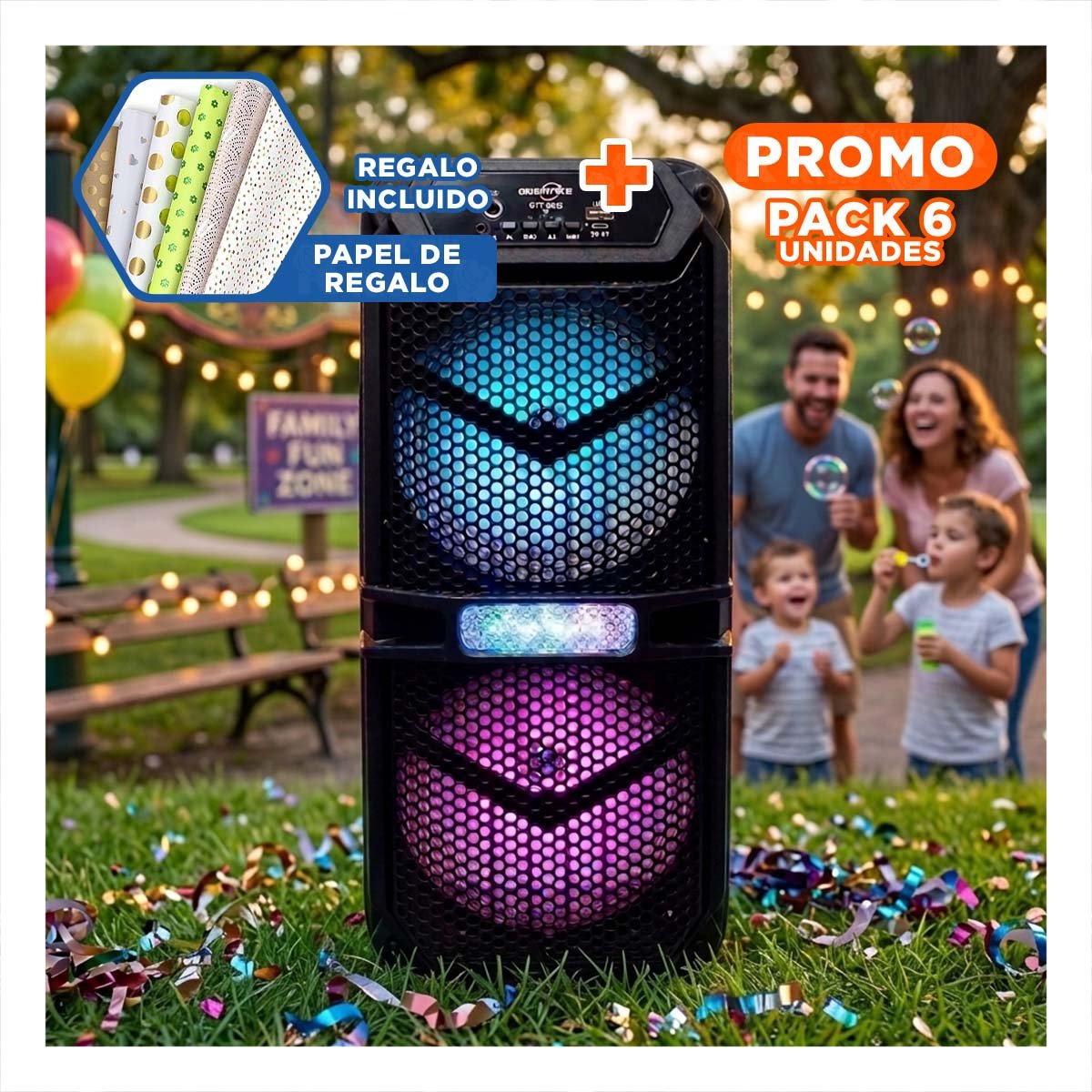 PACK6 ALTAVOZ COLOR NEGRO CON ILUMINACION CAMBIANTE Y BAJO POTENTE Y+PAPEL REGALO - 1
