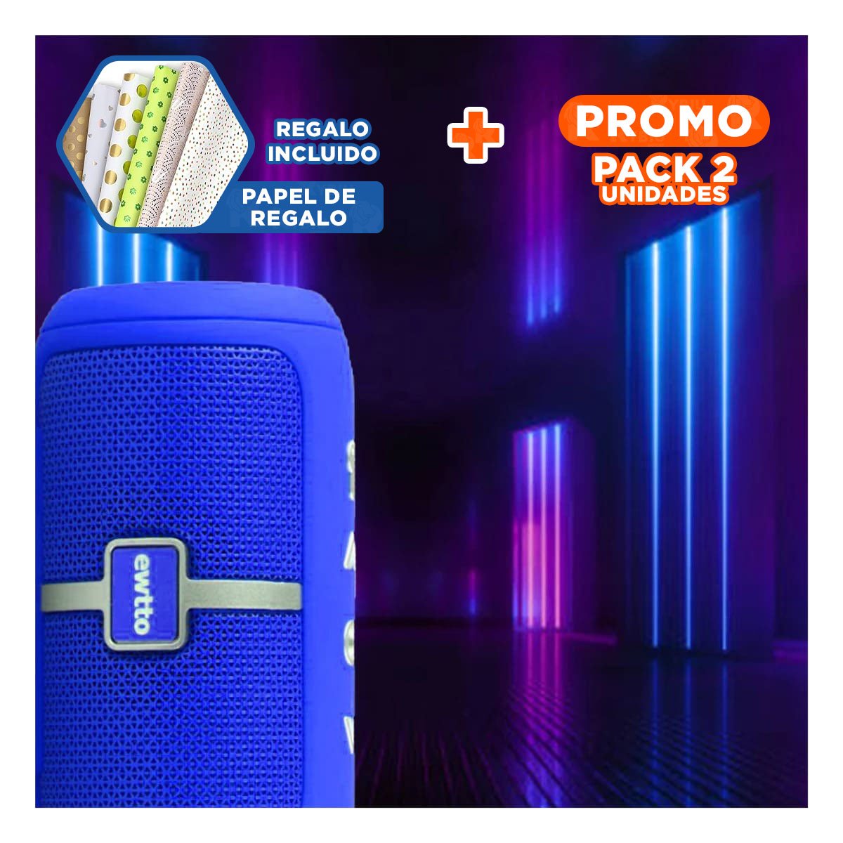 PACK2 ALTAVOZ MODERNO AZUL TECNOLOGIA FUNCIONAL PARA MUSICA, JUEGOS Y PELICULAS Y+PAPEL REGALO - 1