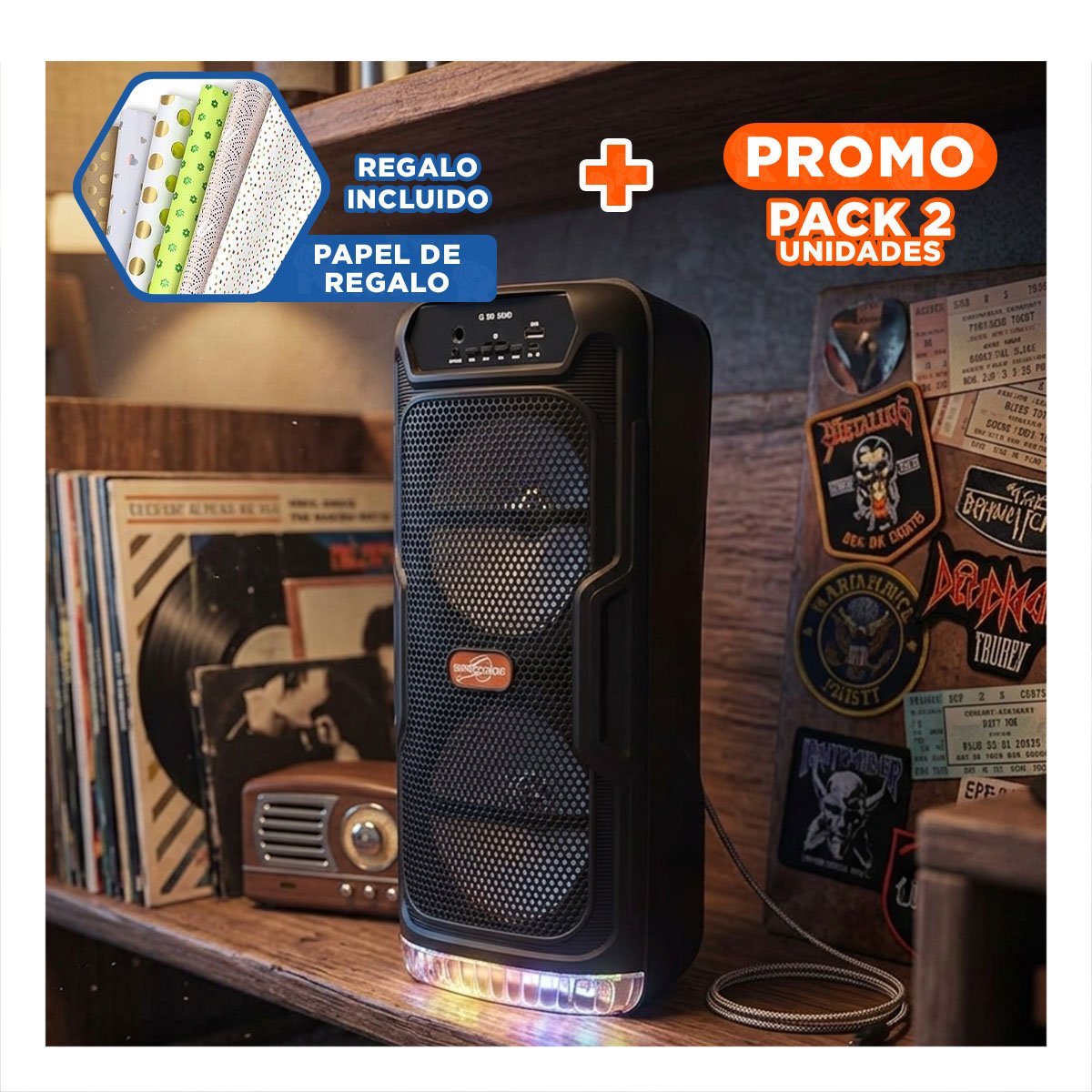 PACK2 ALTAVOZ MODERNO NEGRO CON BLUETOOTH TECNOLOGIA FUNCIONAL PARA PELICULAS Y+PAPEL REGALO - 1