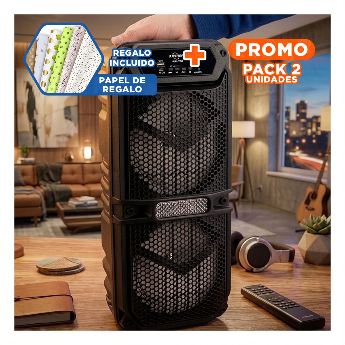 PACK2 PARLANTE COLOR NEGRO RECARGABLE CON ILUMINACION LED FRONTAL DINAMICA Y+PAPEL REGALO - 1