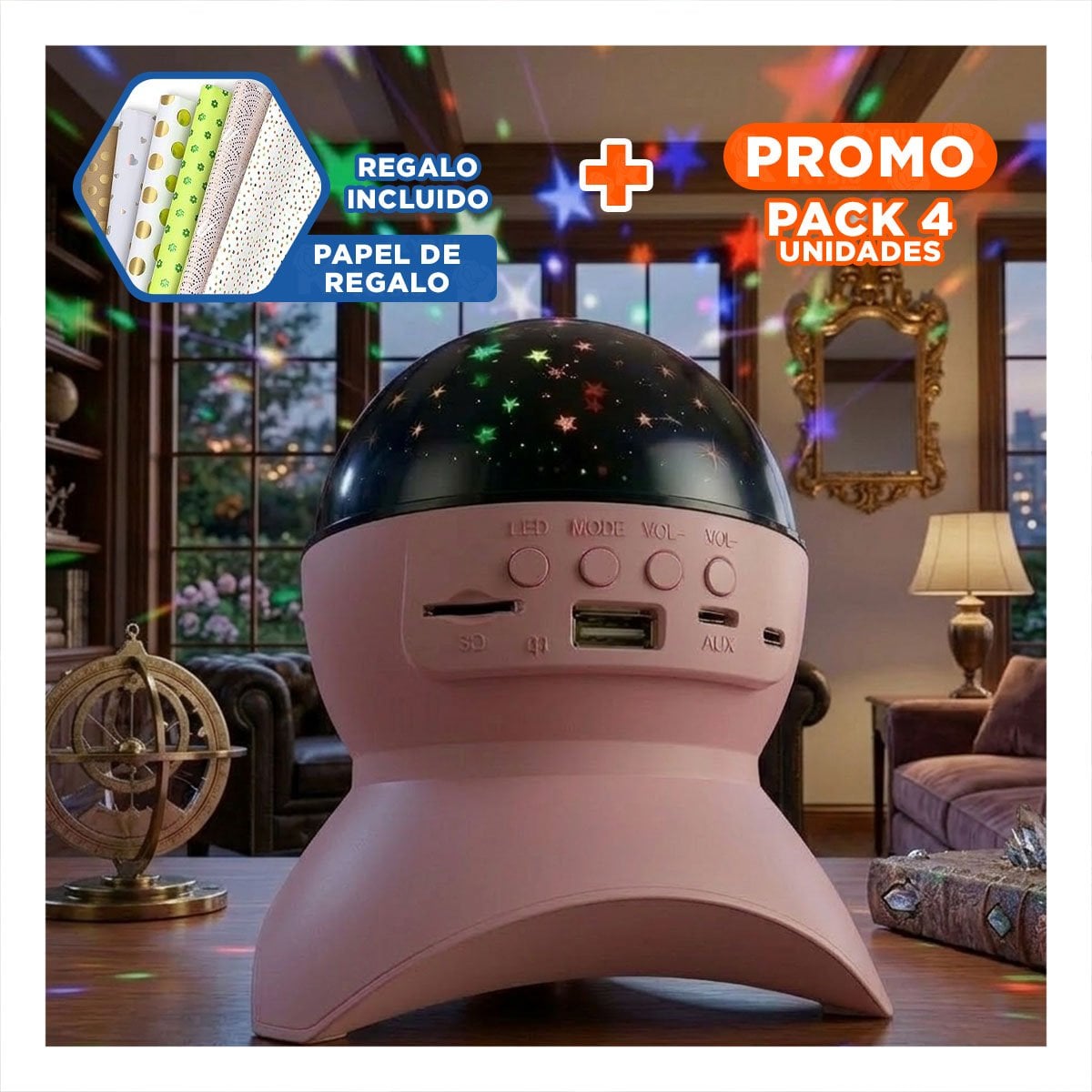 PACK4 ALTAVOZ CON TONOS MULTICOLOR COLOR ROSADO Y LAMPARA PARA SALA Y+PAPEL REGALO - 1