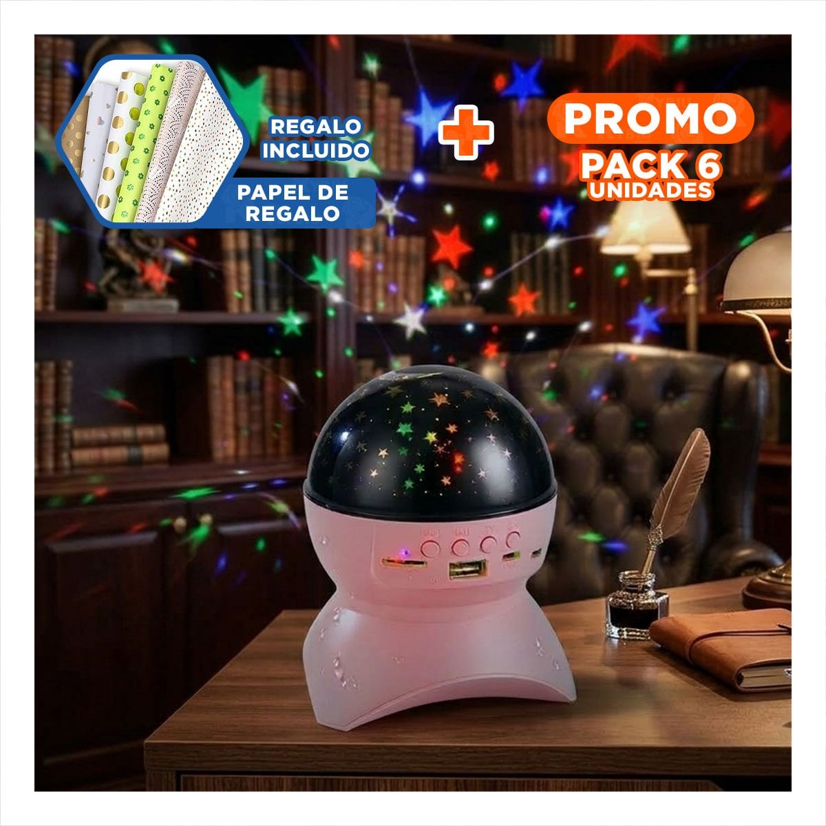 PACK6 ALTAVOZ CON BASE ANTIDESLIZANTE Y LAMPARA COLOR ROSADO PARA HOGAR Y+PAPEL REGALO - 1