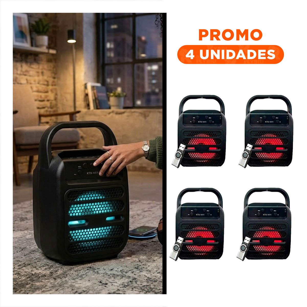 PACK4 EQUIPO SONIDO BLUETOOTH USB NEGRO CON FORMATO PORTATIL MODERNO Y+REGALO STICKER - 1