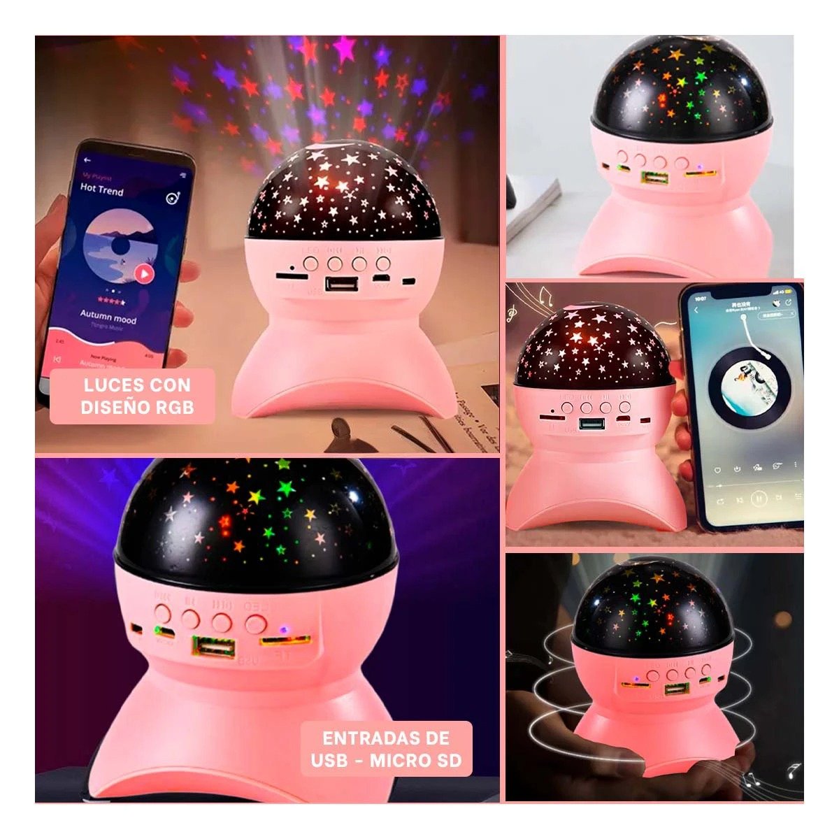 PACK4 BOCINA CON LUZ AMBIENTAL Y LAMPARA ROSADO PARA DORMITORIO Y+REGALO STICKER - 2