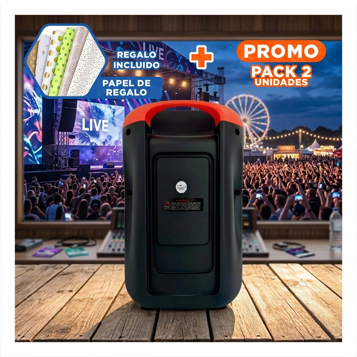 PACK2 PARLANTE KIMISO NEGRO RECARGABLE CON ILUMINACION LED FRONTAL DINAMICA Y+PAPEL REGALO - 1