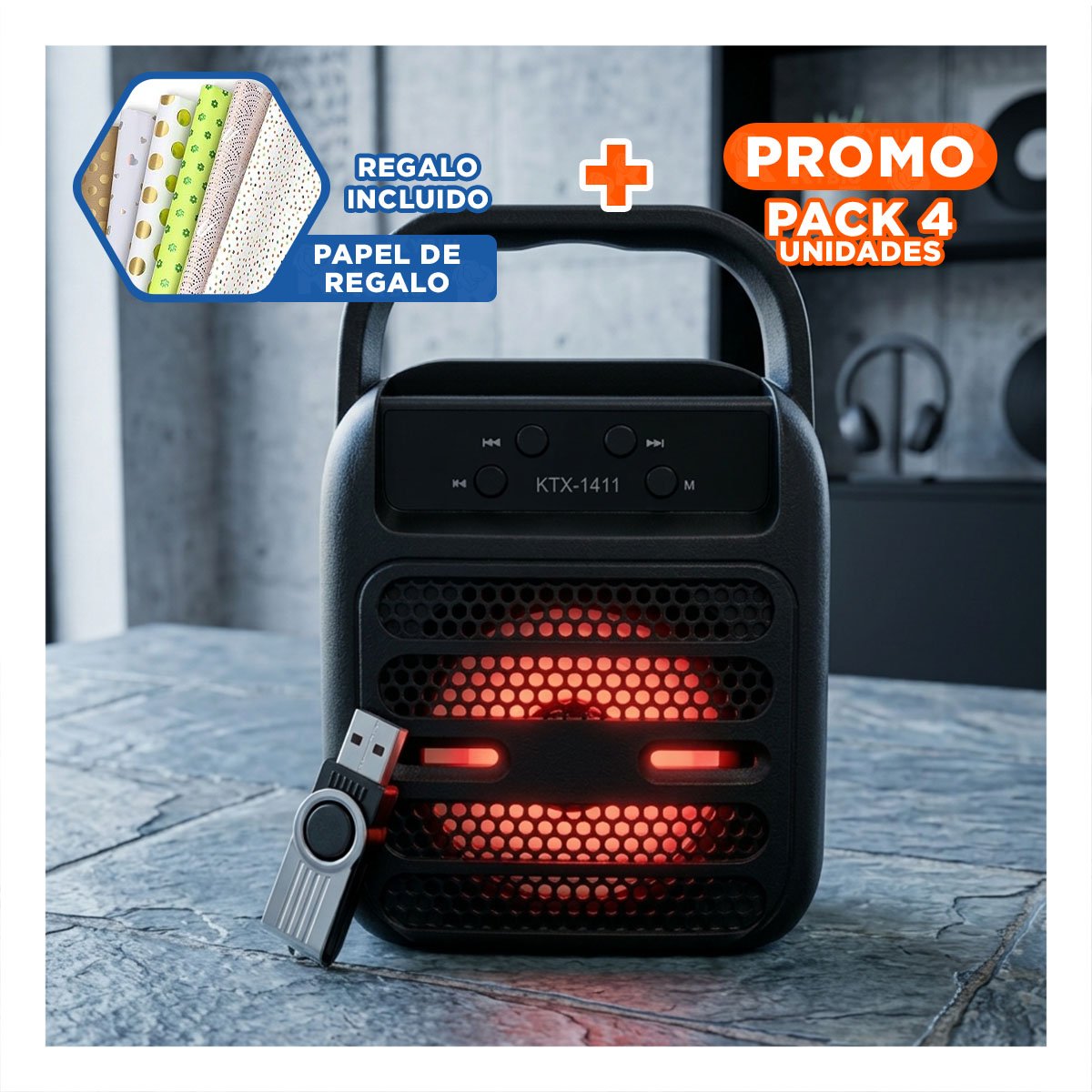 PACK4 BOCINA BLUETOOTH USB NEGRO CON CONEXION BLUETOOTH ESTABLE Y+PAPEL REGALO - 1