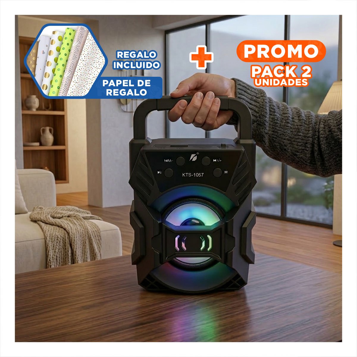 PACK2 ALTAVOZ BLUETOOTH PORTATIL NEGRO CON ILUMINACION LED Y BAJO AMPLIFICADO Y+PAPEL REGALO - 1