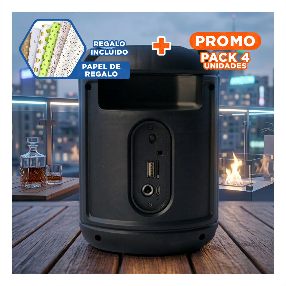 PACK4 EQUIPO SONIDO BLUETOOTH PORTATIL NEGRO CON POTENCIA IDEAL PARA FIESTA Y+PAPEL REGALO - 1