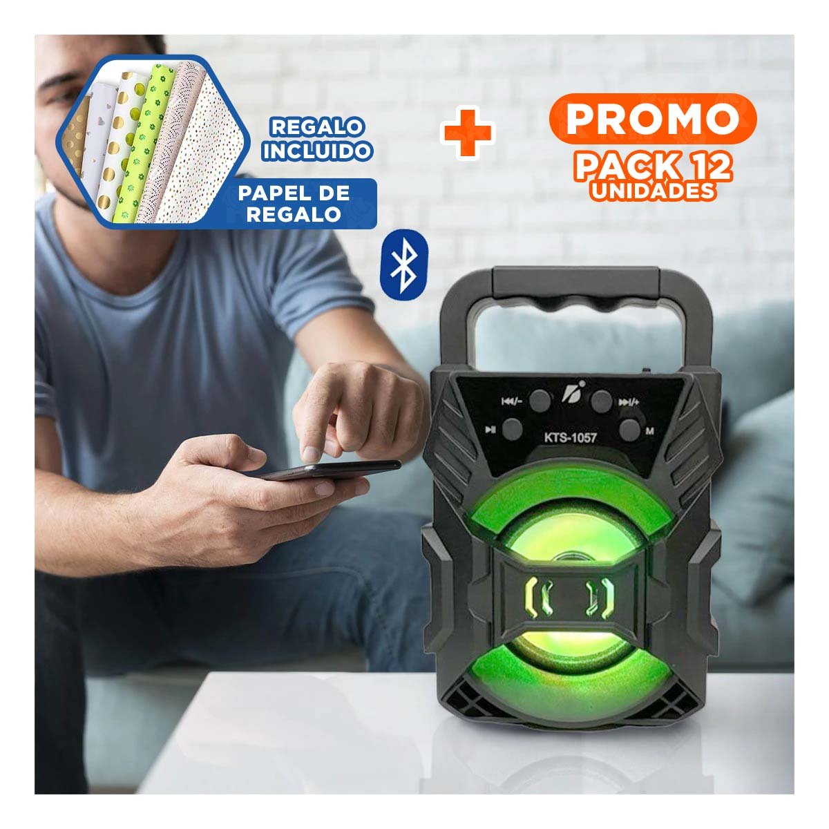 PACK12 PARLANTE BLUETOOTH PORTATIL NEGRO CON WOOFER POTENCIADO Y LUZ LED Y+PAPEL REGALO - 1