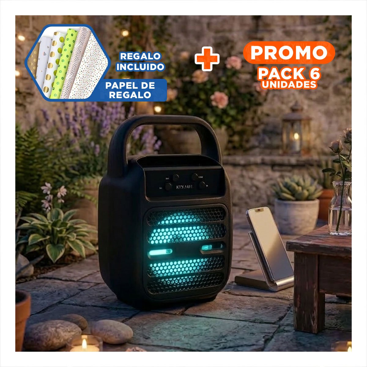 PACK6 PARLANTE BLUETOOTH USB NEGRO CON AUDIO ENVOLVENTE NATURAL Y+PAPEL REGALO - 1