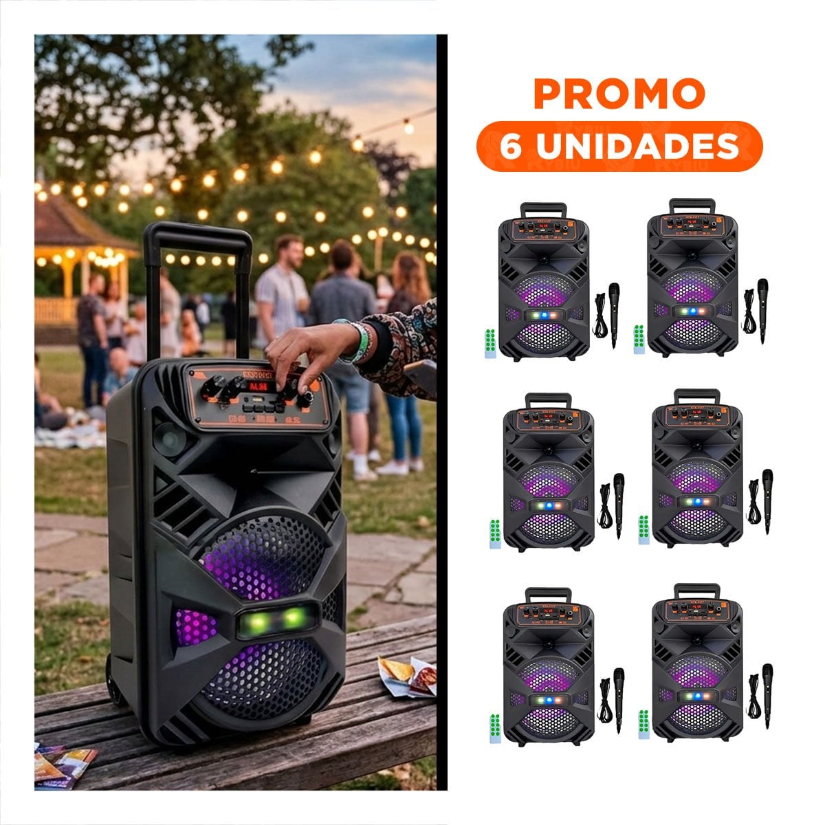 PACK6 PARLANTE TORRE BLUETOOTH CON LUZ LED NEGRO CON PANEL DE CONTROL SUPERIOR - 1